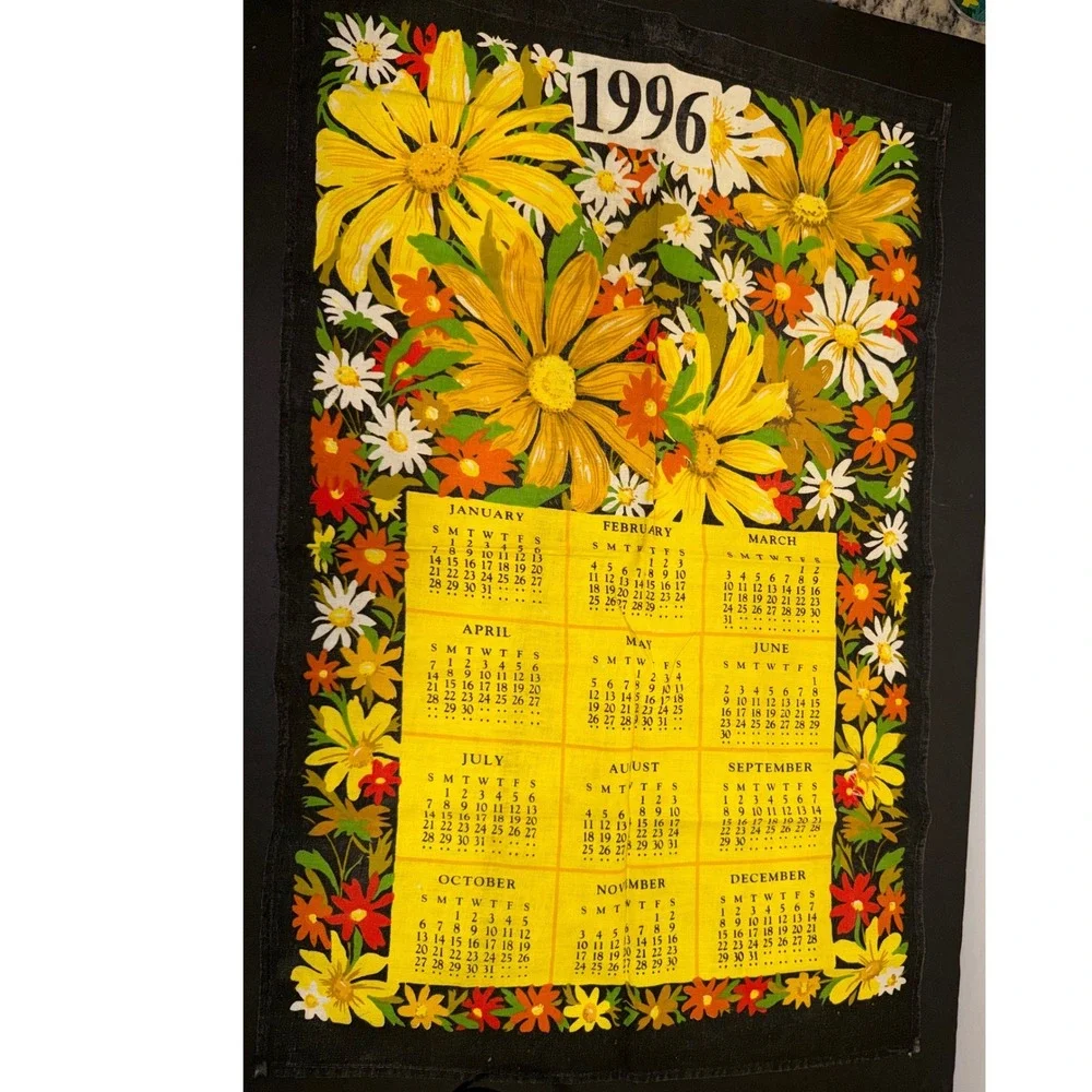 Vintage 1996 Calendar Tea Towel Floral Daisy Black Yellow Linen Wall Decor